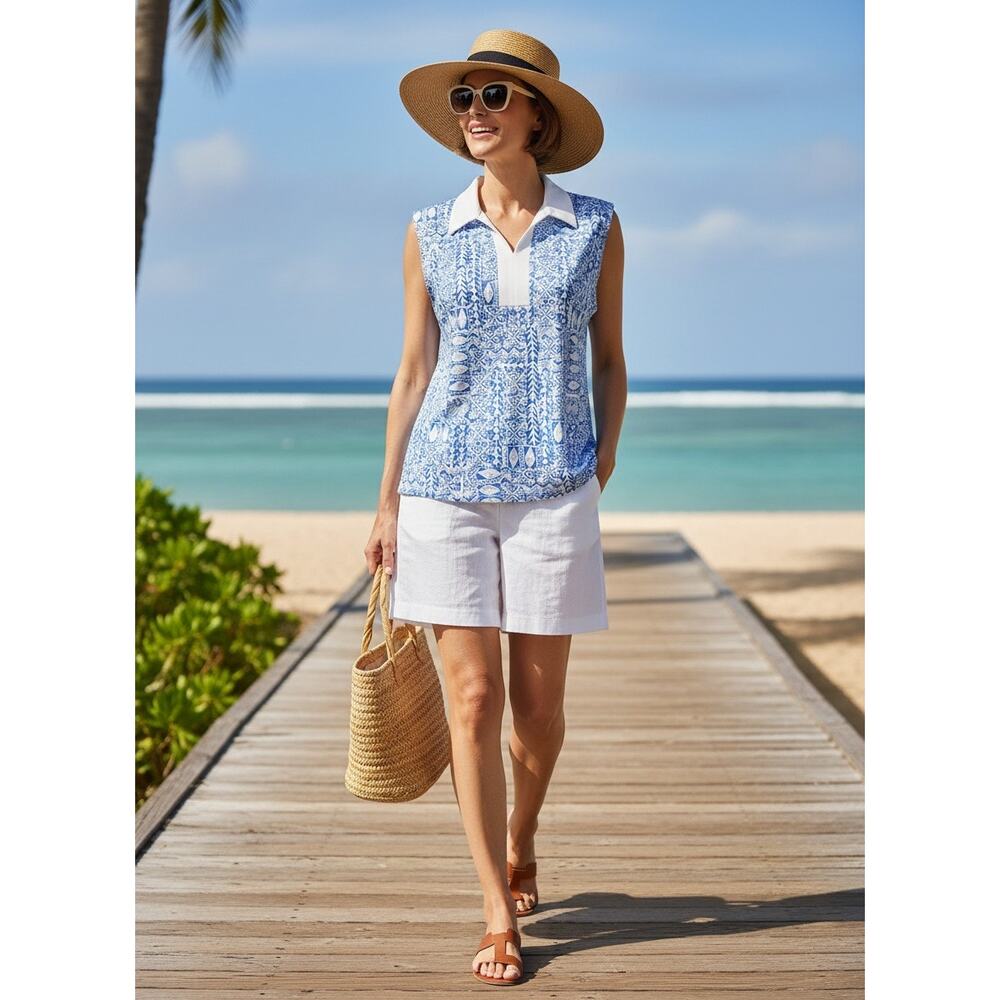 Sigrid‎ Olsen Sleeveless Polo Top Womens XL Blue White Print UPF 50